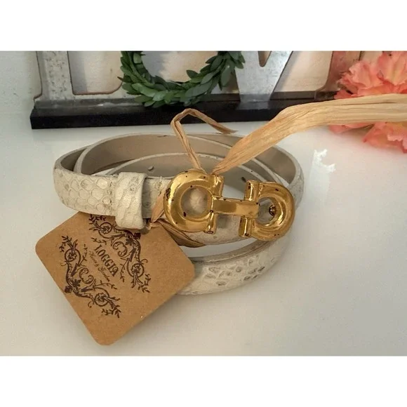 Anna Pellissari Size L Gold Tone Buckle Beige Gray Animal Print Leather Belt NWT